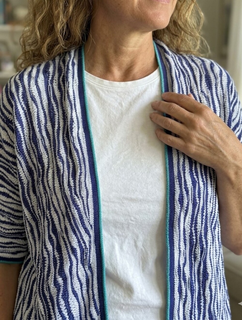 Ruby Rd. Blue, White & Teal Open-Front Knit Cardigan
